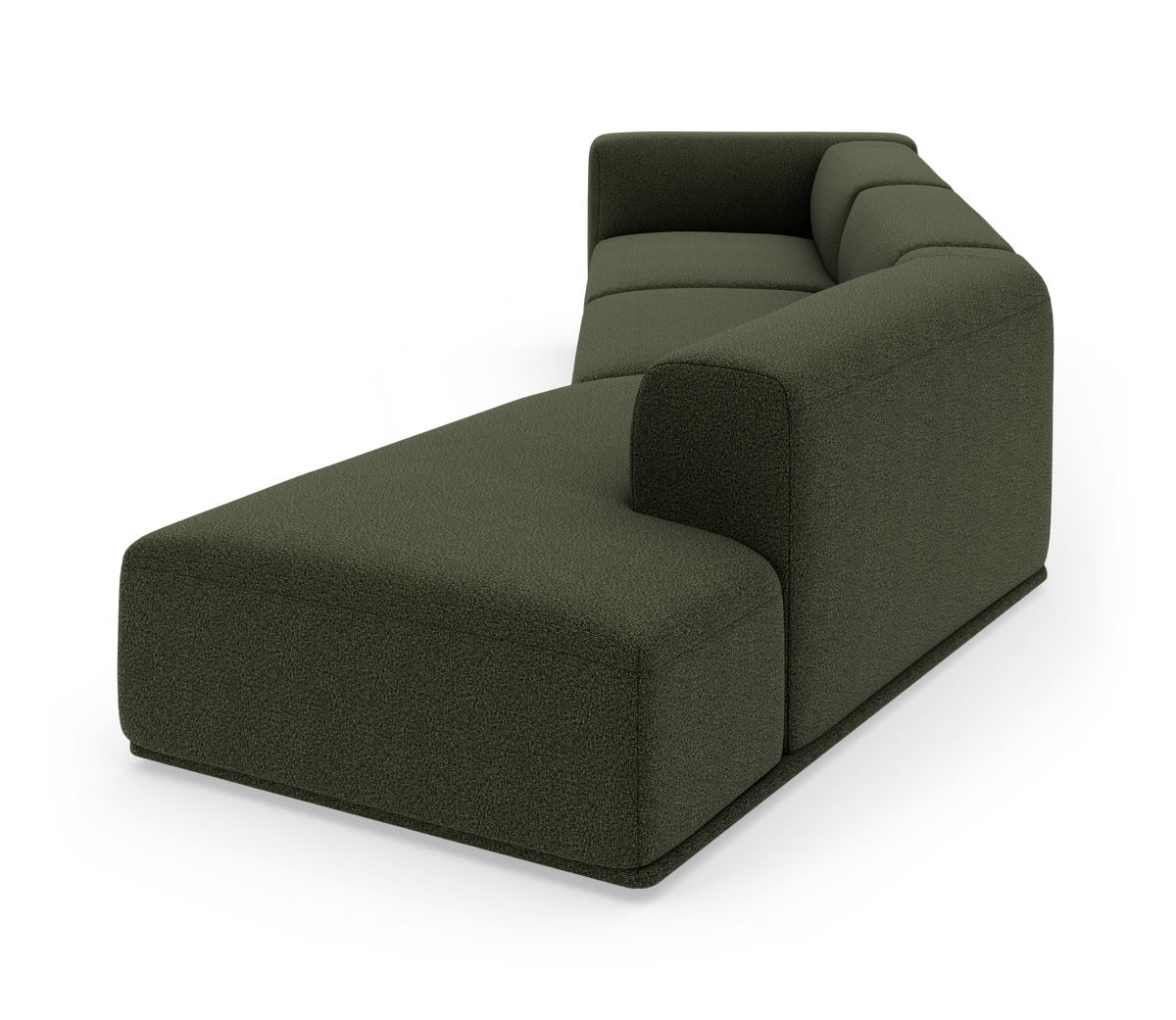 Mørkegrøn modulsofa med chaiselong i tekstil, fritlagt med skygge.