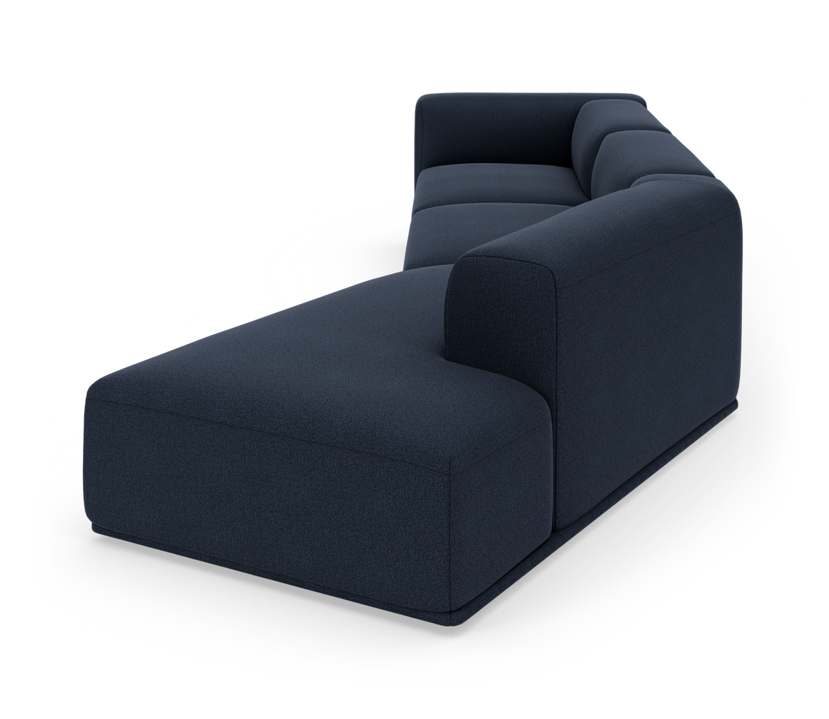 Mørkeblå modulsofa med chaiselong i moderne, afrundet design frilagt på hvid baggrund.