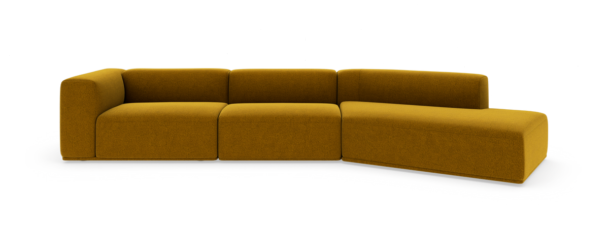 Modulær L-formet sofa i sennepsgul tekstil med højre chaiselong.