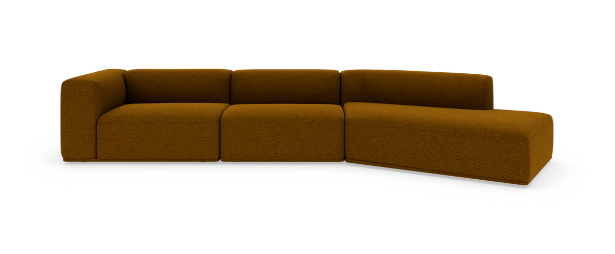 Modulær L‑sofa i brun tekstil på hvid baggrund.
