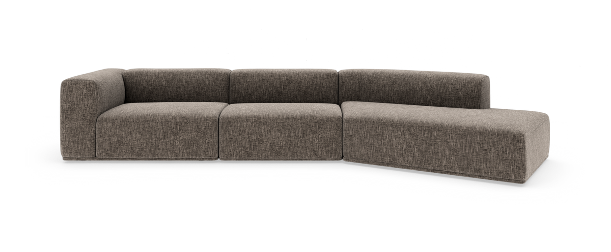 Modulsofa i brungråt tekstil med højre chaiselong, frilagt på hvid baggrund.