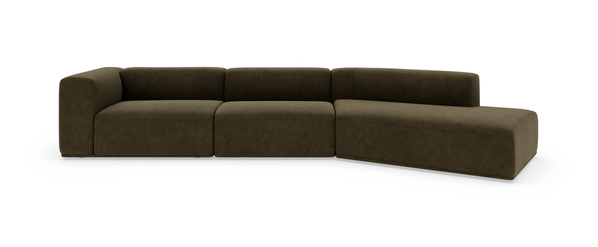 Modulær L-formet sofa i mørk olivengrønt stof med højrevendt chaiselong, frilagt på hvid baggrund.