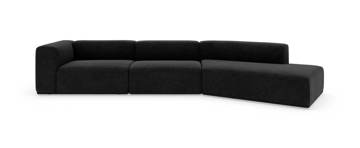 Sort modulær hjørnesofa med chaiselong til højre, frilagt produktbillede.