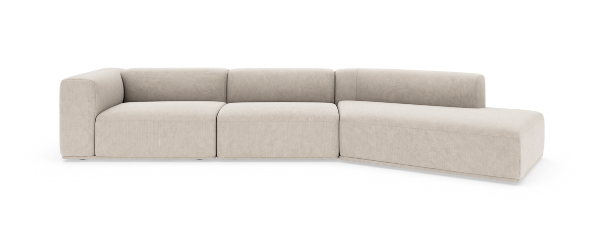 Beige modulsofa i L-form med chaiselong til højre, fritlagt på hvid baggrund.