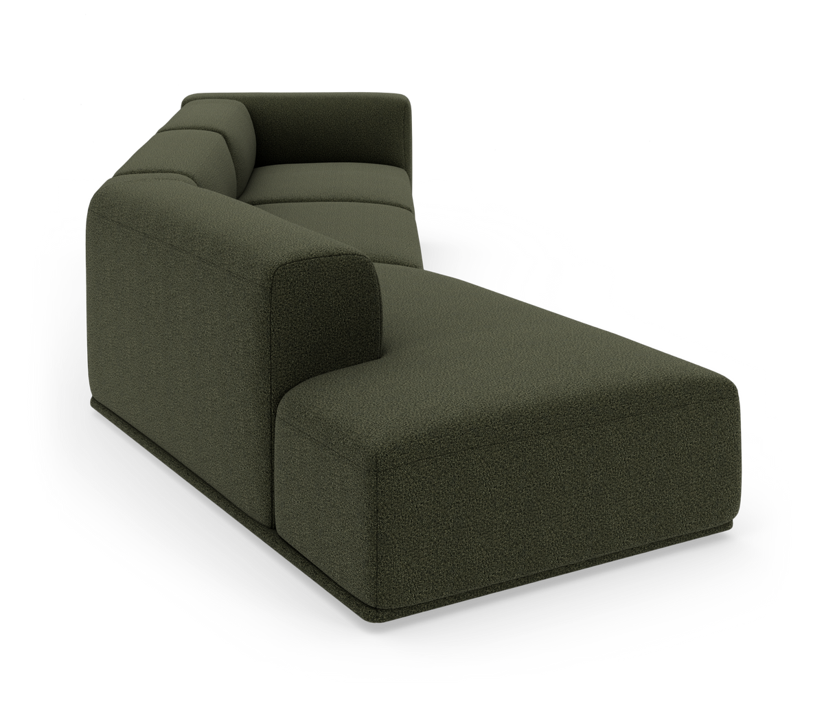 Mørkegrøn modulsofa med chaiselong i blød, afrundet design, frilagt på hvid baggrund.
