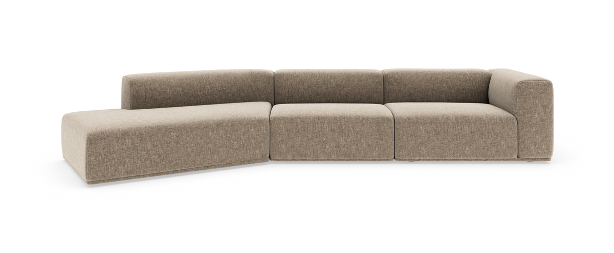 Modulær beige hjørnesofa med venstre chaiselong og afrundede former, isoleret på hvid baggrund.