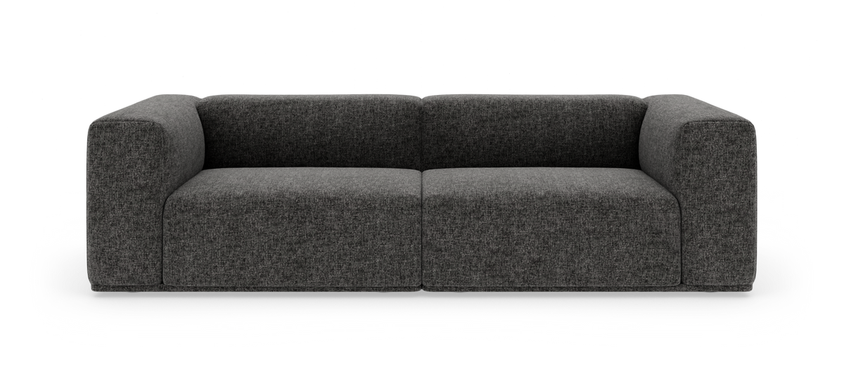 Mørkegrå moderne 2-personers sofa med afrundede armlæn, set forfra.