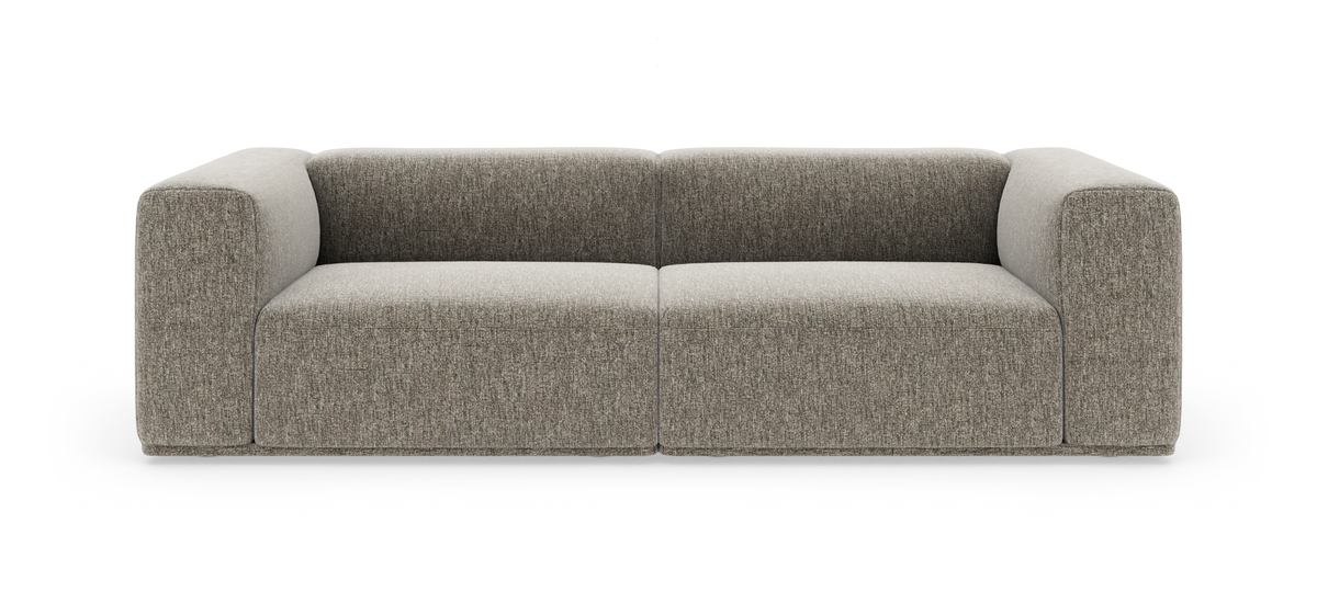 Moderne, modulopbygget tosæders sofa i beige-grå stof med afrundede armlæn set forfra på hvid baggrund.