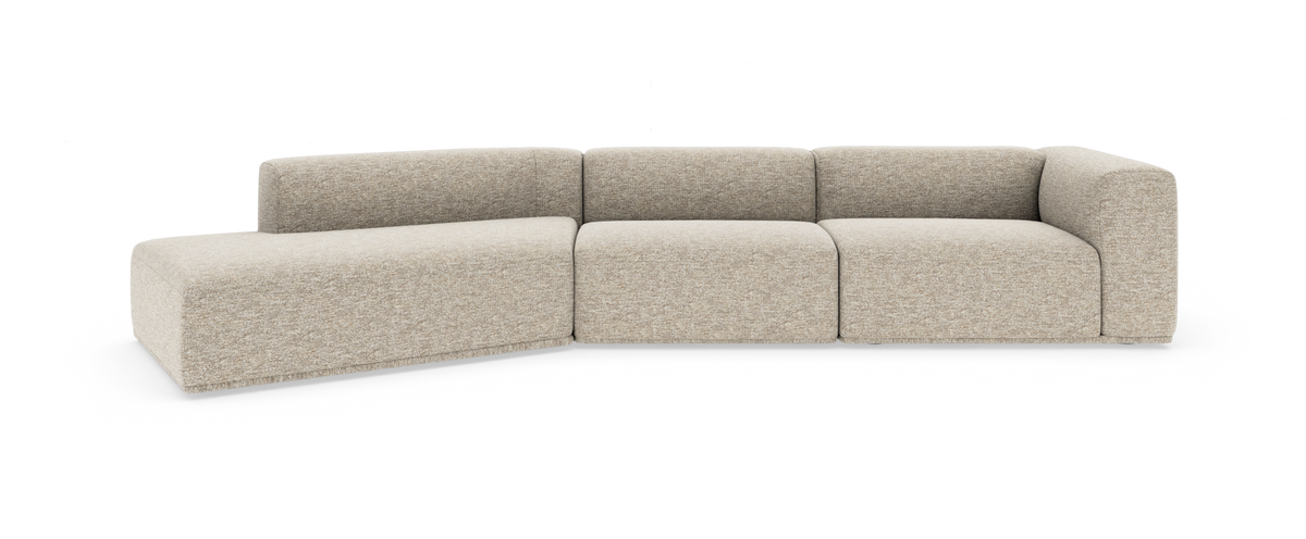 Beige modulsofa med venstrevendt chaiselong og afrundede former, frontvisning.