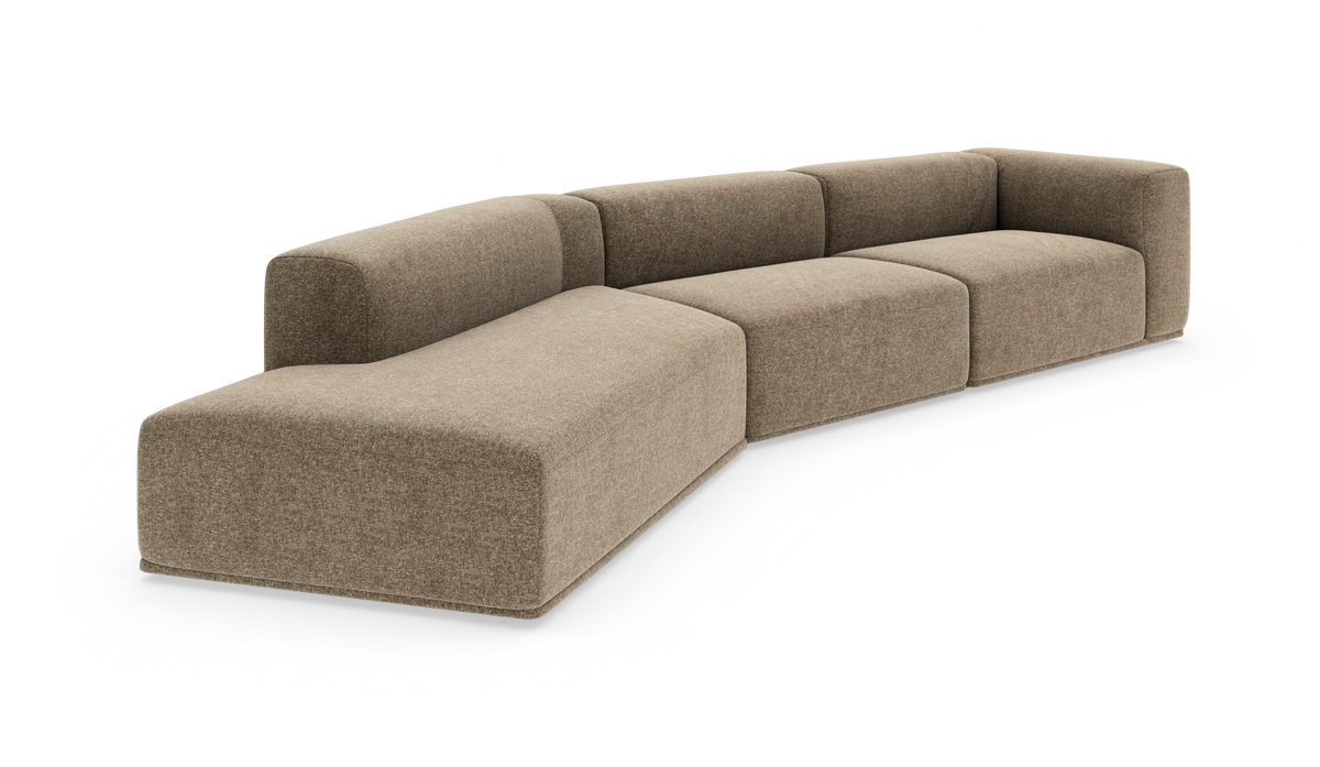 Modulær beige hjørnesofa med venstre chaiselong og afrundede, moderne former.