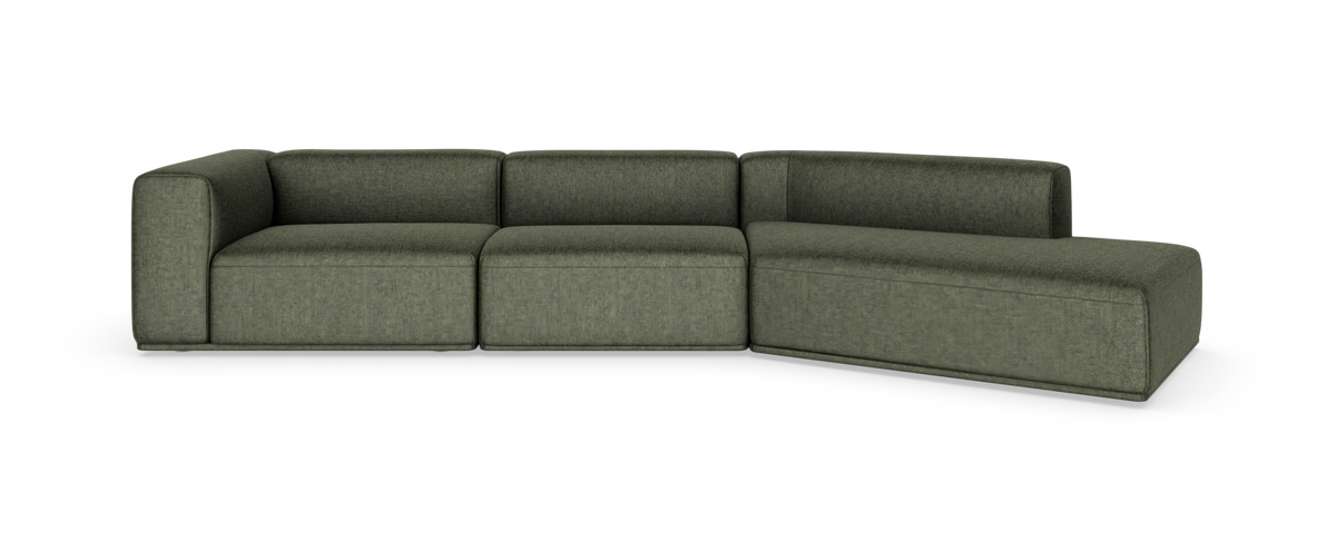 Modulær L‑formet sofa i olivgrønt stof på hvid baggrund.