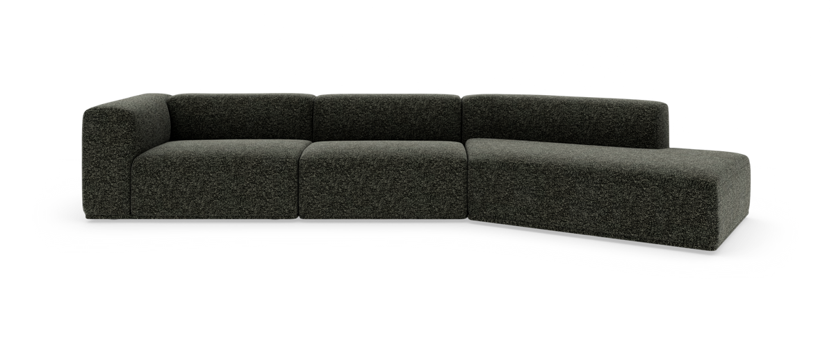Modulær mørkegrå hjørnesofa med chaiselong til højre, frilagt på hvid baggrund.