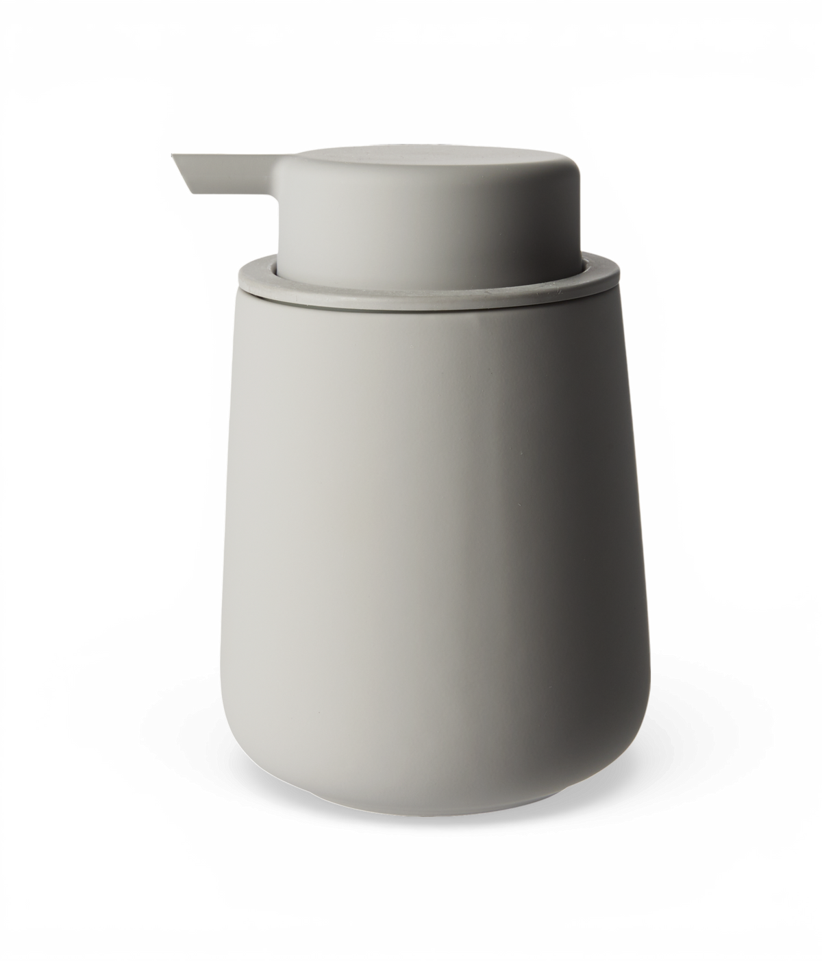 Grå sæbedispenser i minimalistisk, mat design på hvid baggrund.